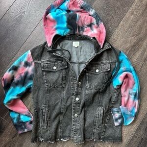Denim jacket by Blue Buttercup mixed fabric tie dye small grinch raw edge hoodie